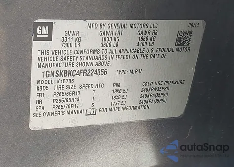 2015 Chevrolet Tahoe Lt z USA, uszkodzony, nr VIN 1GNSKBKC4FR224356